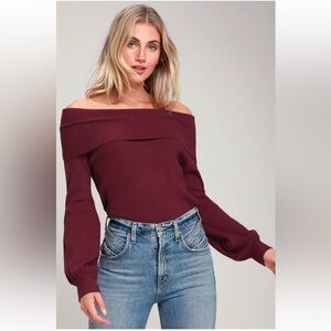 Lulus Large Head Over Heels Burgundy Off the Shoulder Sweater